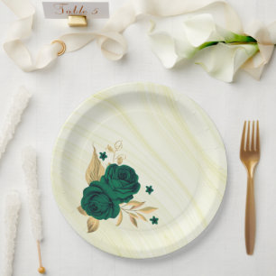 emerald green flowers gold leaves marble paper plate