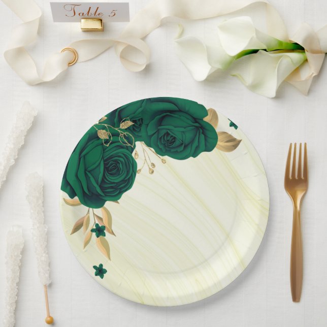 emerald green flowers gold leaves marble paper plate (Wedding)