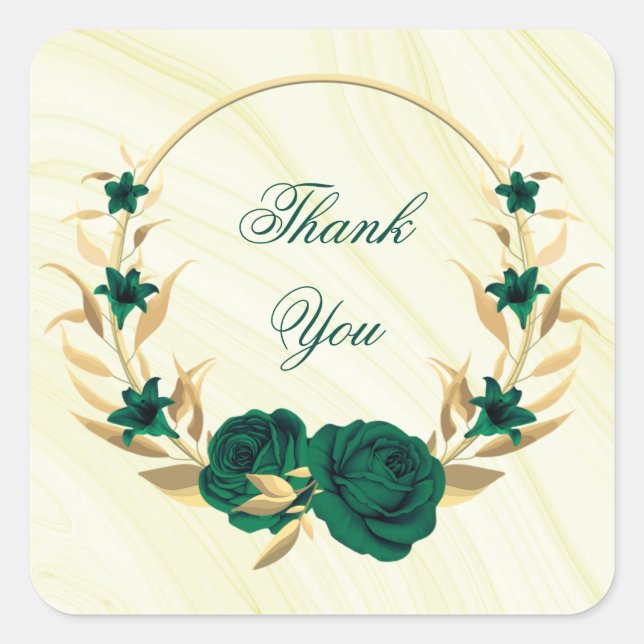 emerald green flowers gold leaves marble square sticker (Front)
