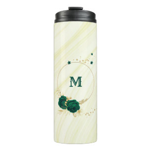emerald green flowers gold leaves marble thermal tumbler