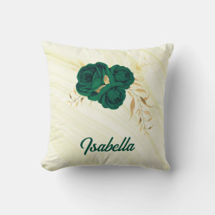 emerald green flowers gold leaves marble throw pillow