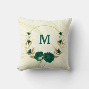 emerald green flowers gold leaves marble throw pillow