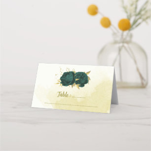 Emerald green flowers gold leaves place card