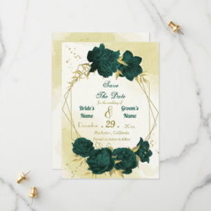 Emerald green flowers gold leaves save the date