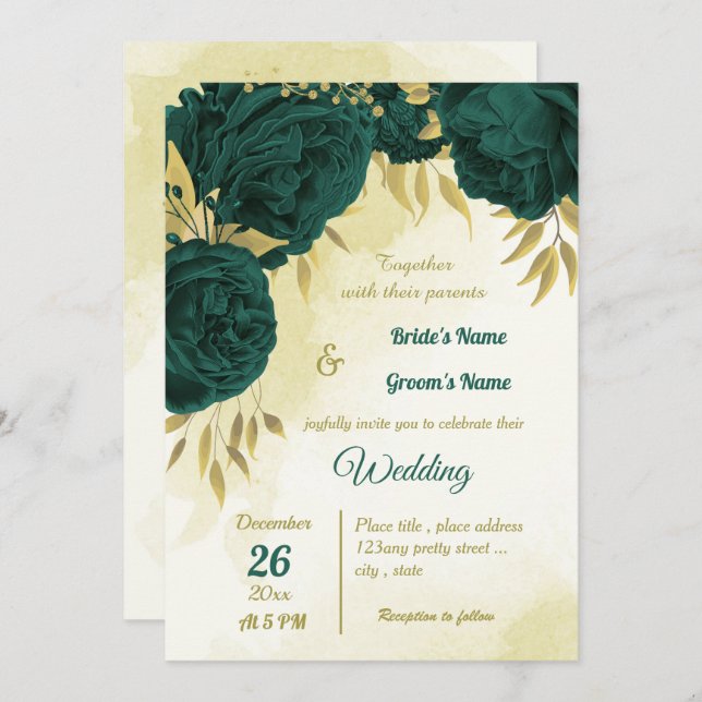 Emerald green flowers gold leaves wedding invitation (Front/Back)