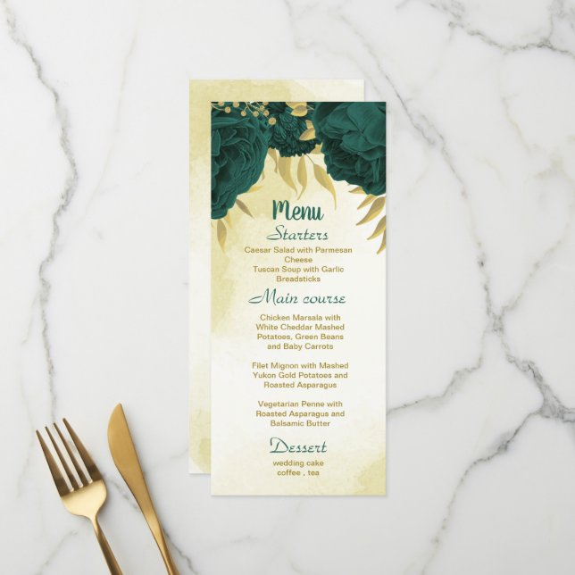 Emerald green flowers gold leaves wedding menu (Front/Back In Situ)