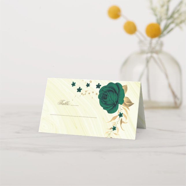 emerald green flowers gold marble place card (Front)