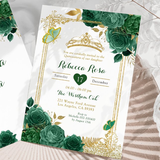 Emerald Green Flowers Gold Royal Quinceañera Invitation (Creator Uploaded)