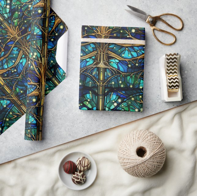 Emerald Green Forest Faux Stained Glass Pattern Wrapping Paper (Crafts)