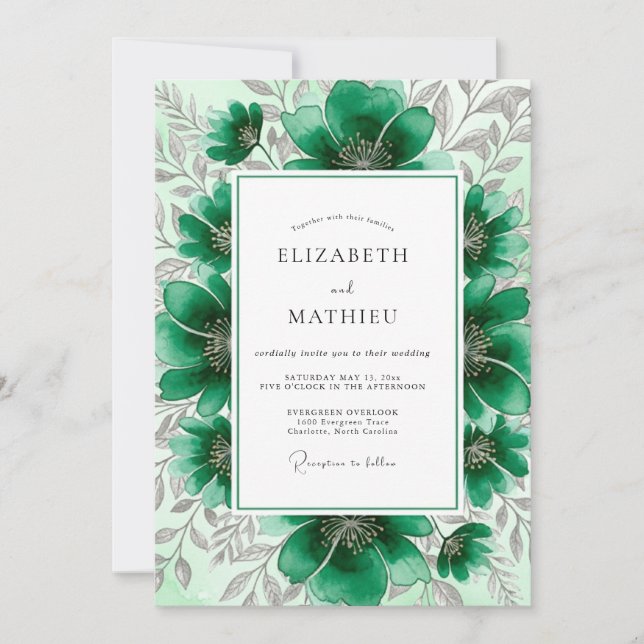 Emerald Green Frosty Botanical Wedding Invitation (Front)