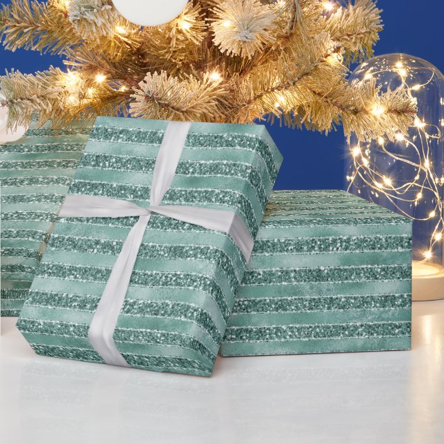 Emerald Green Glam Glitter Stripes Wrapping Paper (Holidays)