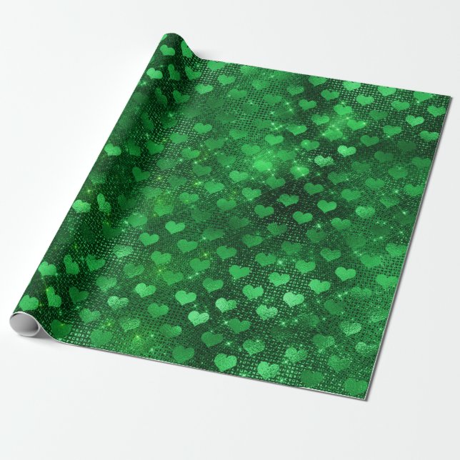 Emerald Green Glam Hearts Pattern Wrapping Paper (Unrolled)