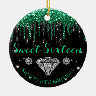 Emerald Green Glitter Drip Sweet Sixteen Ceramic Ornament