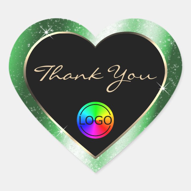 Emerald Green Glitter Frame Thank You with Logo Heart Sticker (Front)