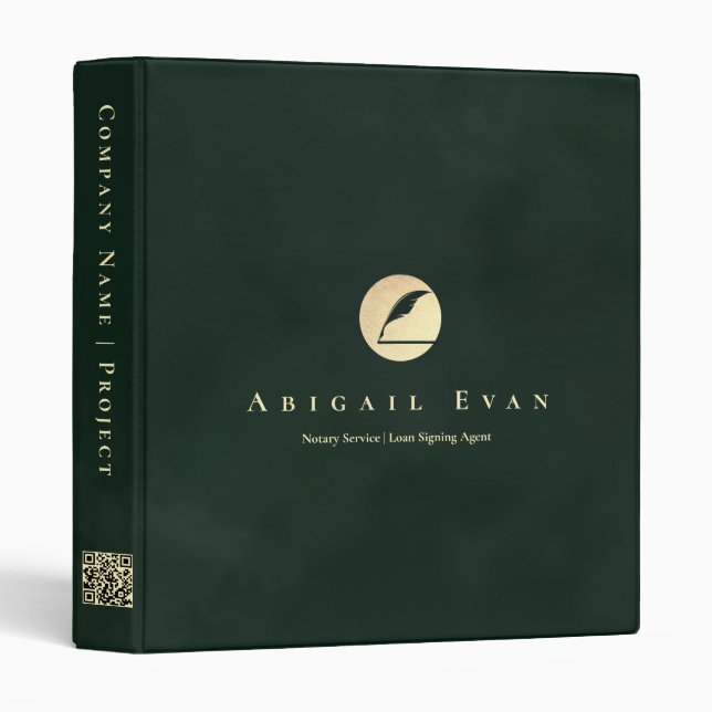 Emerald Green Glitter Gold Feather Notary Service Binder (Front/Spine)