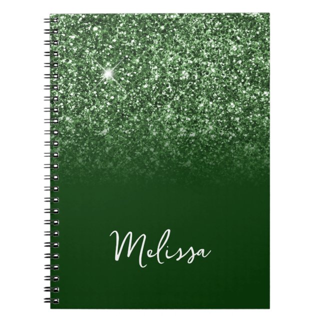 Emerald Green Glitter Ombre Script Name Notebook (Front)
