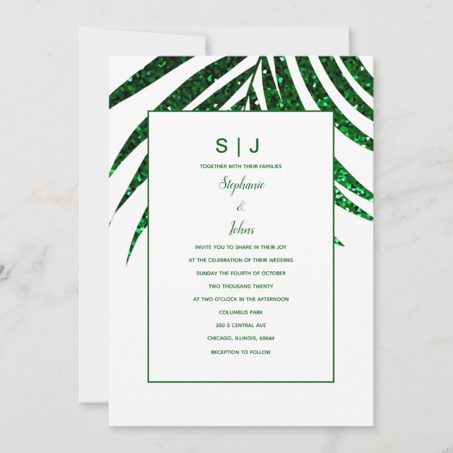 Emerald Green Glitter Palm Leaf Tropical Wedding Invitation (Front)