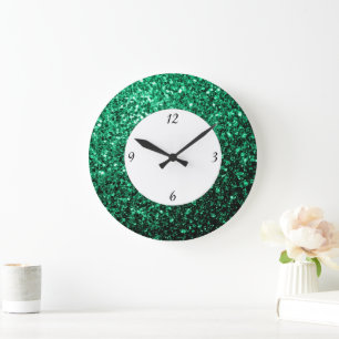 Emerald Green glitter sparkles with numbers Large Clock