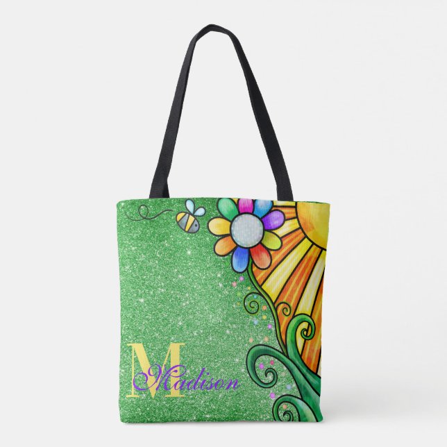 Emerald Green Glitter Whimsy Flower Sunshine Bee  Tote Bag (Back)