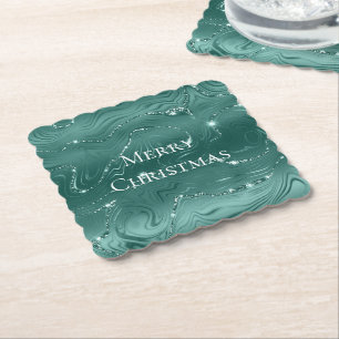 Emerald Green Glitzy Marble Christmas Paper Coaster