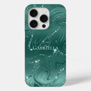 Emerald Green Glitzy Marble Personalized iPhone 15 Pro Case