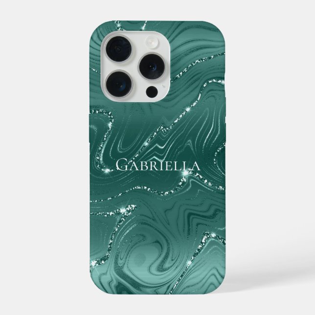 Emerald Green Glitzy Marble Personalized iPhone Case (Back)