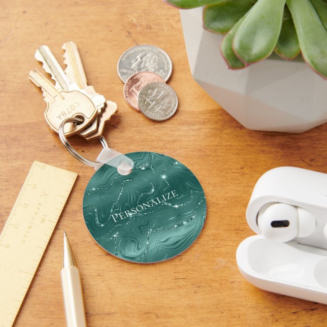 Emerald Green Glitzy Marble Personalized Keychain (Desk)