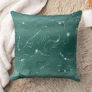 Emerald Green Glitzy Marble Throw Pillow