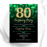 Emerald Green Gold 80th Birthday Invitation<br><div class="desc">80th birthday party invitation. Elegant emerald green and black design with faux glitter gold. Features stylish diamonds, bokeh lights and script font. Men or women bday invite. Perfect for a stylish adult birthday party. Personalize with your own details. Message me if you need further customization. Printed Zazzle invitations or instant...</div>