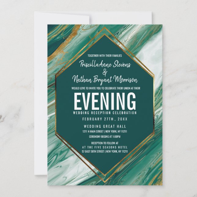 Emerald Green Gold Abstract Agate Marble Reception Invitation (Front)
