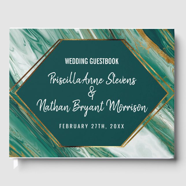 Emerald Green Gold Abstract Agate Marble Wedding Guest Book (Front)