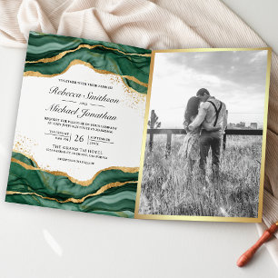 Emerald Green Gold Abstract Ink QR Code Wedding Invitation