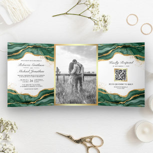 Emerald Green Gold Abstract Ink QR Code Wedding Tri-Fold Invitation