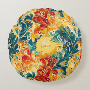 Emerald Green & Gold Abstract Paisley Leaves (3) Round Pillow