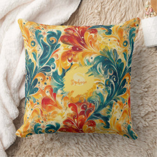 Emerald Green & Gold Abstract Paisley Leaves (3) Throw Pillow