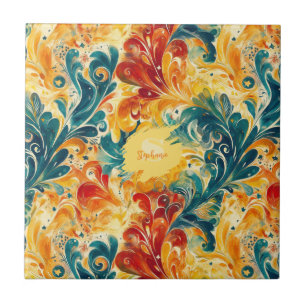 Emerald Green & Gold Abstract Paisley Leaves (3) Tile