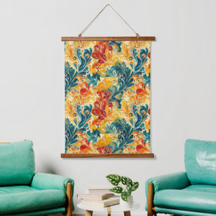 Emerald Green & Gold Abstract Paisley Leaves Hanging Tapestry