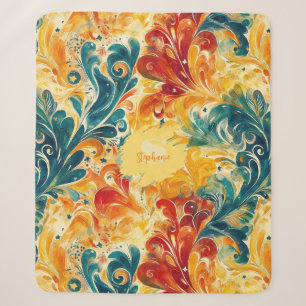 Emerald Green & Gold Abstract Paisley Leaves Sherpa Blanket