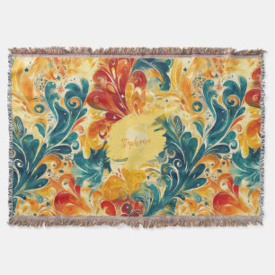 Emerald Green & Gold Abstract Paisley Leaves Throw Blanket