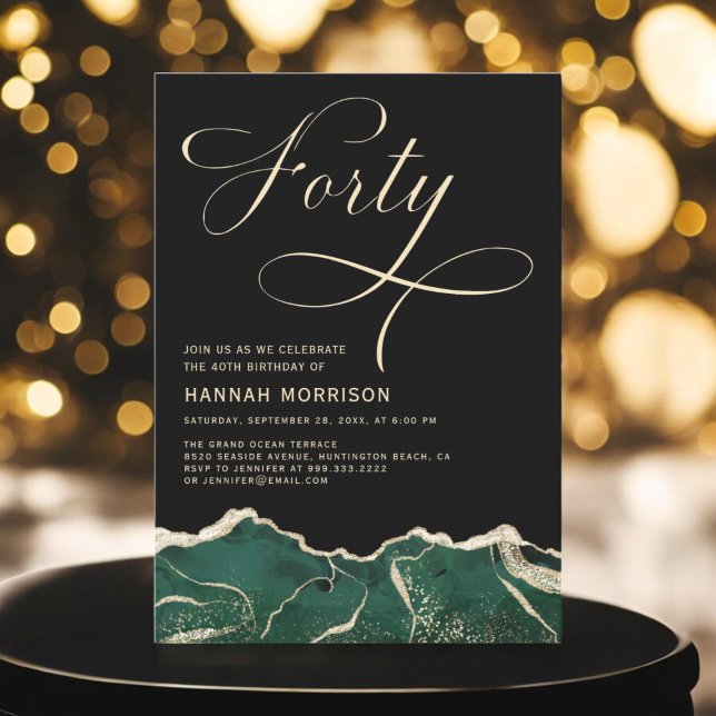 Emerald Green Gold Agate 40th Forty Birthday Invitation (Creator Uploaded)