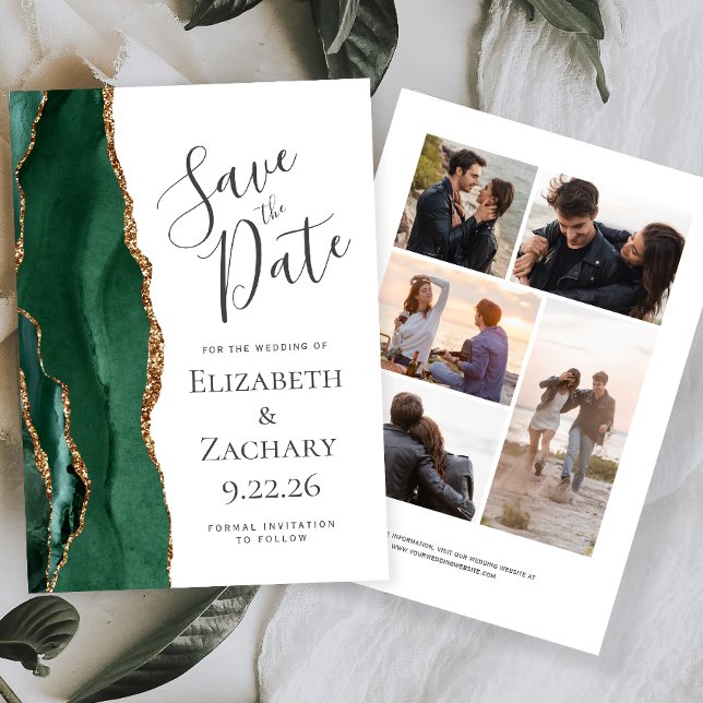 Emerald Green Gold Agate 5-Photo Save the Date (Creator Uploaded)