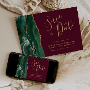 Emerald Green Gold Agate Burgundy Save the Date Invitation