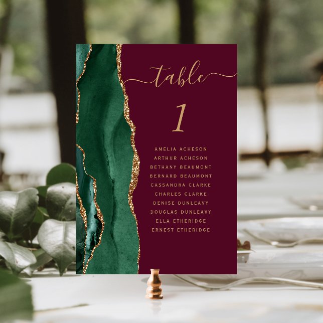 Emerald Green Gold Agate Burgundy Wedding Table Number (Creator Uploaded)