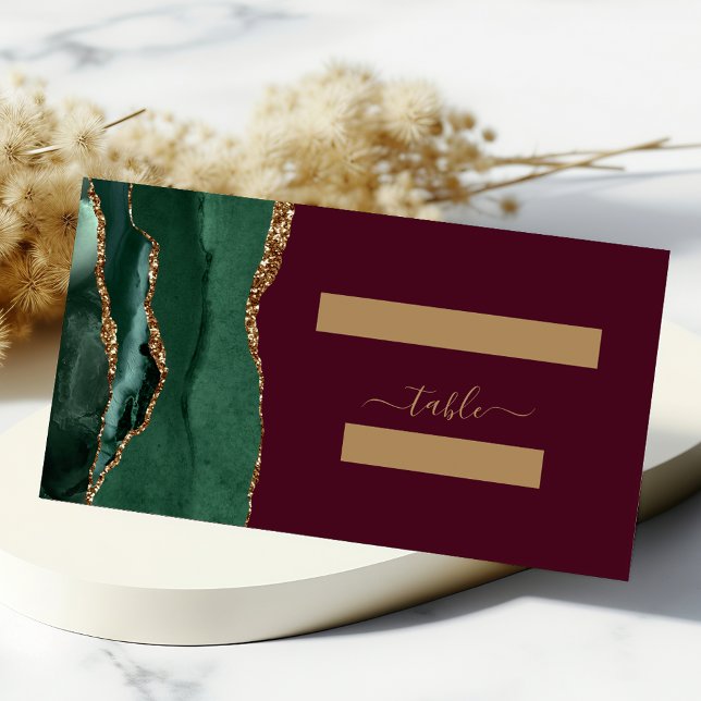 Emerald Green Gold Agate Burgundy Wedding Table Place Card (Creator Uploaded)