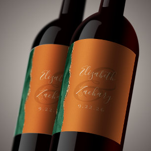 Emerald Green Gold Agate Burnt Orange Wedding Wine Label