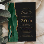 Emerald Green Gold Agate Dark 30th Birthday Party Invitation<br><div class="desc">The left-hand edge of this elegant modern 30th birthday party invitation features an emerald green watercolor agate border trimmed with gold faux glitter. The customizable text combines gold-coloured handwriting,  copperplate and italic fonts on a slate black background. The reverse side features a matching emerald green and gold agate design.</div>