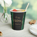 Emerald Green Gold Agate Dark 50th Birthday Paper Cups<br><div class="desc">This elegant birthday design features emerald green watercolor agate geode borders trimmed with gold faux glitter. Add the name of the guest of honour,  along with the birthday year and party date in gold-coloured text on a slate black background.</div>
