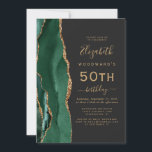 Emerald Green Gold Agate Dark 50th Birthday Party Invitation<br><div class="desc">The left-hand edge of this elegant modern birthday party invitation features an emerald green watercolor agate border trimmed with gold faux glitter. The customizable text combines gold-coloured handwriting,  copperplate and italic fonts on a slate black background. The reverse side features a matching emerald green and gold agate design.</div>
