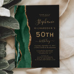 Emerald Green Gold Agate Dark 50th Birthday Party Invitation<br><div class="desc">The left-hand edge of this elegant modern birthday party invitation features an emerald green watercolor agate border trimmed with gold faux glitter. The customizable text combines gold-coloured handwriting,  copperplate and italic fonts on a slate black background. The reverse side features a matching emerald green and gold agate design.</div>