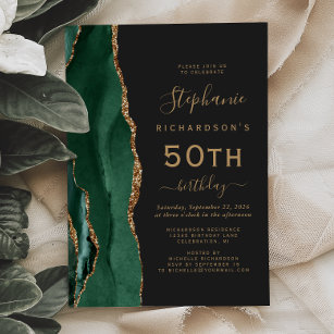 Emerald Green Gold Agate Dark 50th Birthday Party Invitation